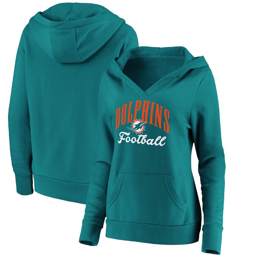 Women Miami Dolphins Fanatics Branded Aqua Victory Script V-Neck Pullover Hoodie->women nfl jersey->Women Jersey